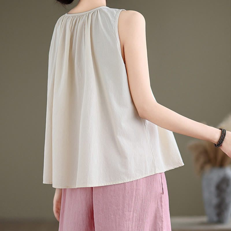 Buddha Stones Summer Artistic Solid Color Pleated Crew Neck Design Women's Cotton Linen  Vest - image 18