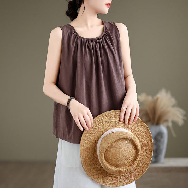 Buddha Stones Summer Artistic Solid Color Pleated Crew Neck Design Women's Cotton Linen  Vest - SaddleBrown - US12，UK/AU16，EU44 (2XL) - image 0