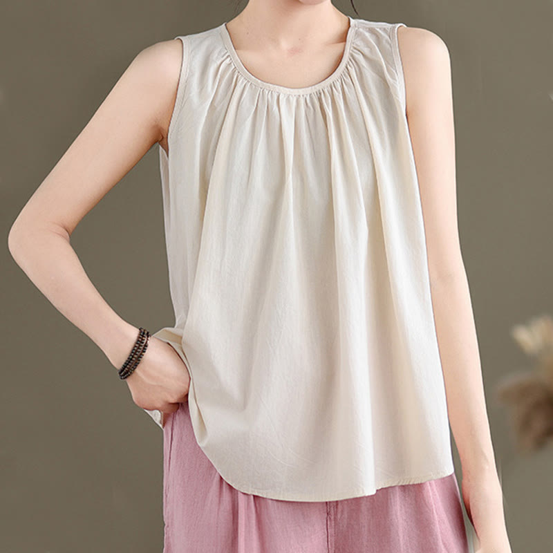 Buddha Stones Summer Artistic Solid Color Pleated Crew Neck Design Women's Cotton Linen  Vest - image 17