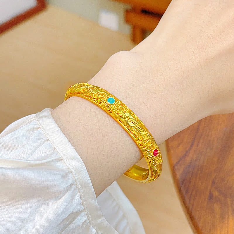 Buddha Stones Copper Plated Gold Flowers Leaves Luck Bracelet Bangle - image 4