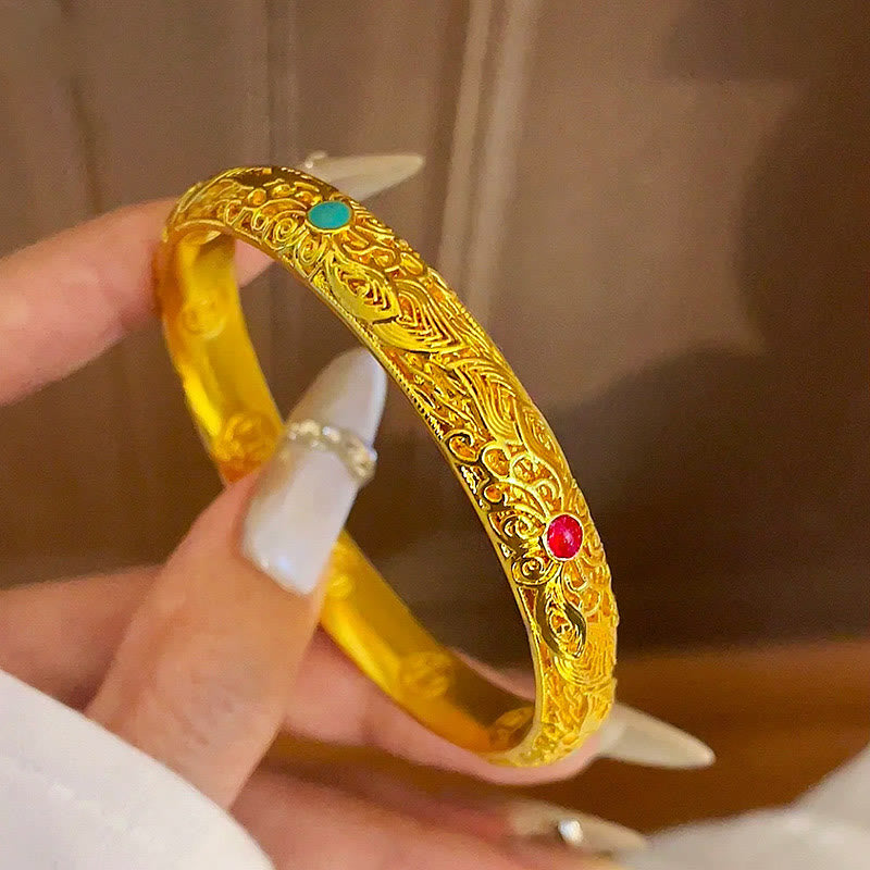 Buddha Stones Copper Plated Gold Flowers Leaves Luck Bracelet Bangle - image 16