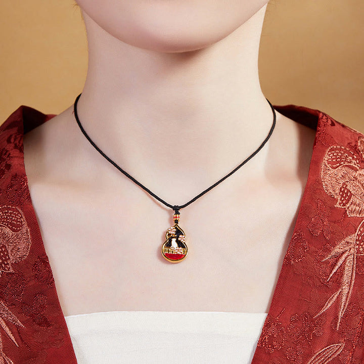 Buddha Stones 925 Sterling Silver Peach Blossom Cat Gourd Pattern Protection Necklace Pendant - image 4