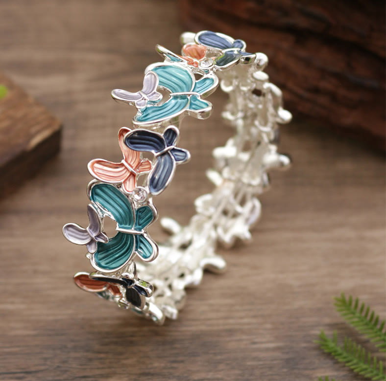 Buddha Stones Colorful Butterfly Love Alloy Elastic Bracelet Bangle - Colorful Butterfly 98mm - image 0