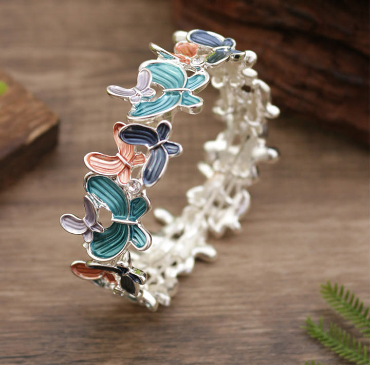 Buddha Stones Colorful Butterfly Love Alloy Elastic Bracelet Bangle - Colorful Butterfly 98mm - image 0
