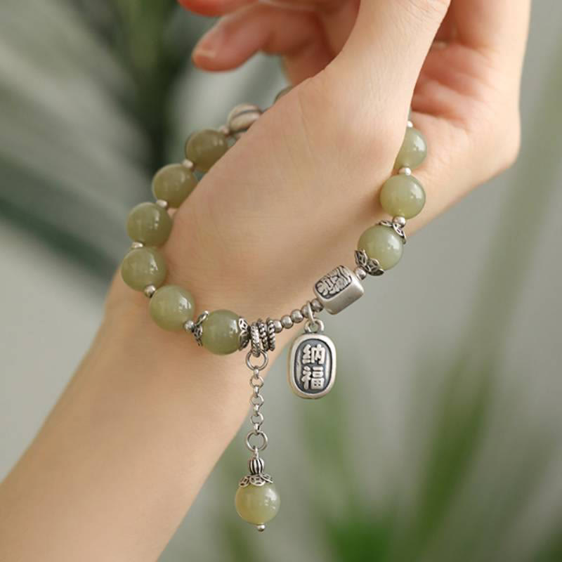 Buddha Stones 925 Sterling Silver Hetian Jade Beads Luck Bracelet - image 2