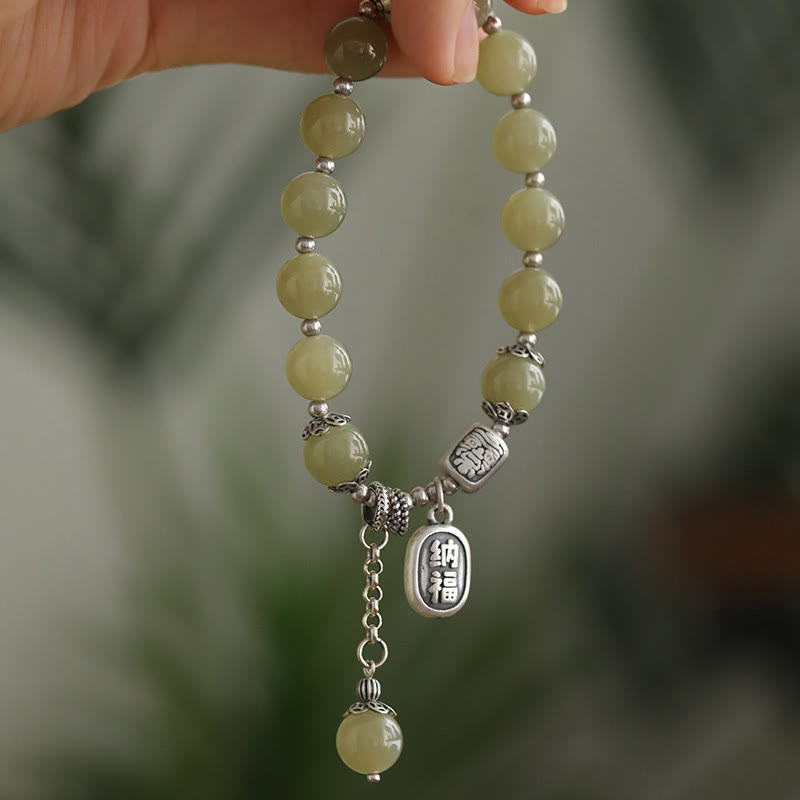 Buddha Stones 925 Sterling Silver Hetian Jade Beads Luck Bracelet - Jade(Wrist Circumference:15-17 cm) - image 0