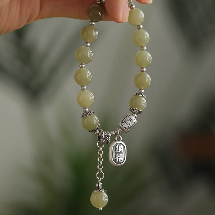 Buddha Stones 925 Sterling Silver Hetian Jade Beads Luck Bracelet - Jade(Wrist Circumference:15-17 cm) - image 0