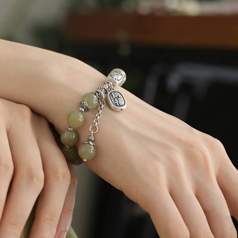 Buddha Stones 925 Sterling Silver Hetian Jade Beads Luck Bracelet - image 8