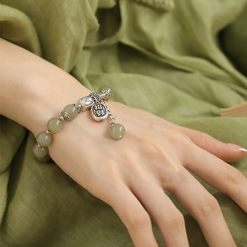 Buddha Stones 925 Sterling Silver Hetian Jade Beads Luck Bracelet - image 4