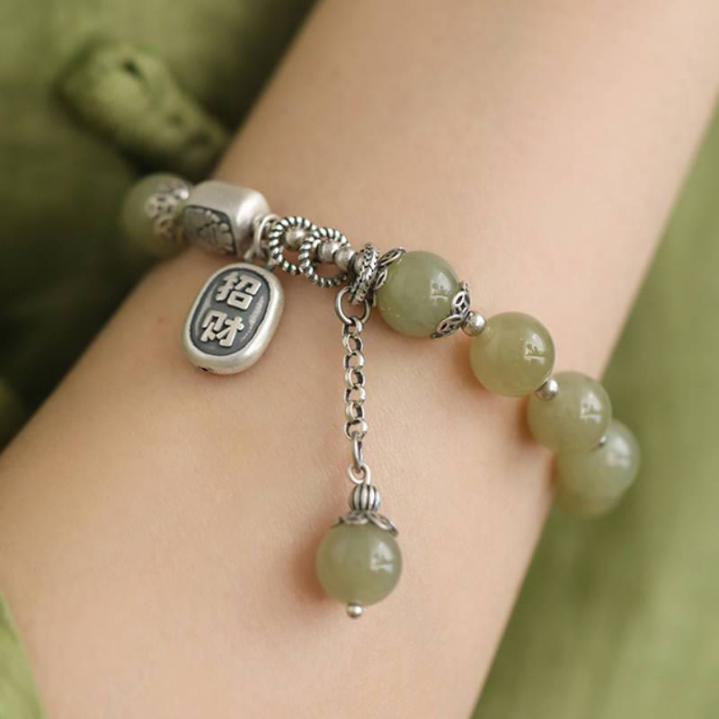 Buddha Stones 925 Sterling Silver Hetian Jade Beads Luck Bracelet - image 1