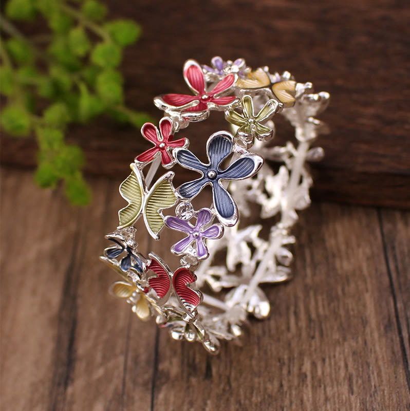 Buddha Stones Colorful Butterfly Flowers Love Alloy Elastic Bracelet Bangle - Red 58mm - image 0