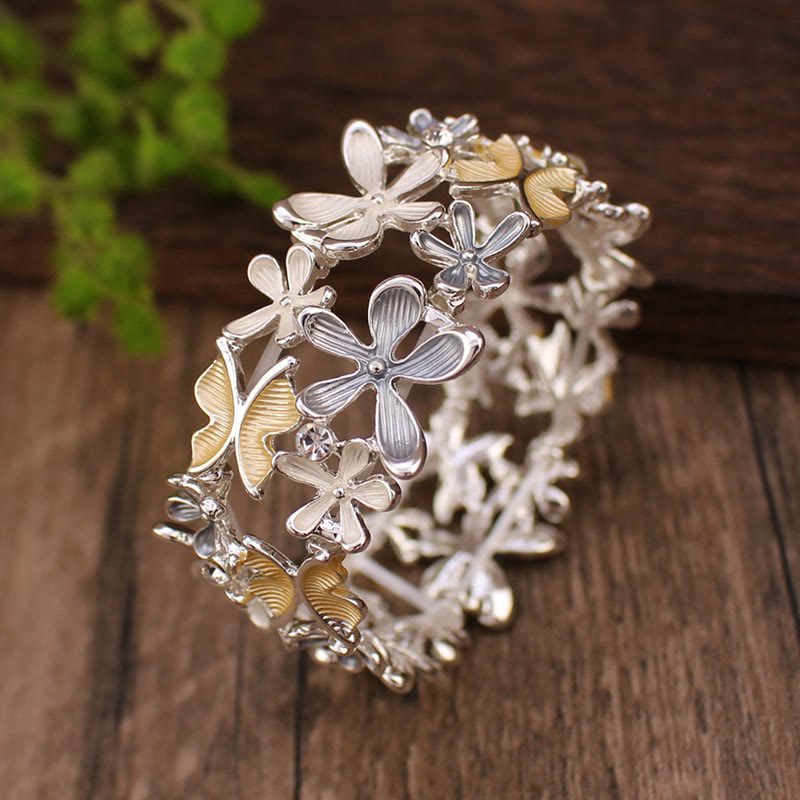 Buddha Stones Colorful Butterfly Flowers Love Alloy Elastic Bracelet Bangle - Yellow 58mm - image 9