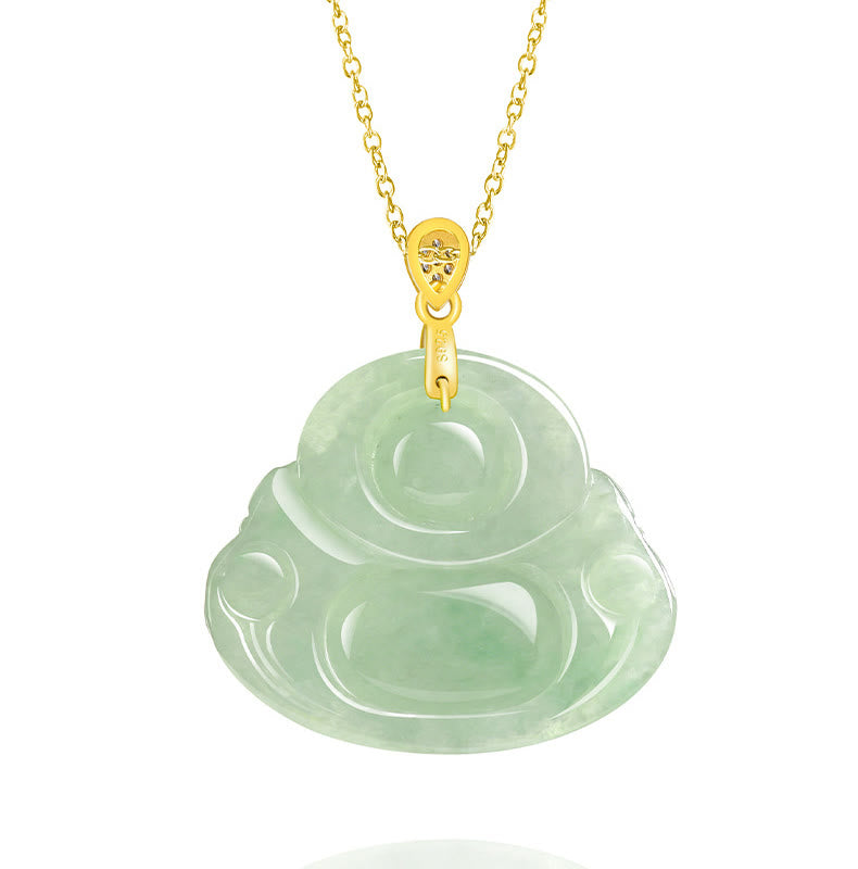 Buddha Stones 925 Sterling Silver Natural Jade Laughing Buddha Luck Prosperity Chain Necklace Pendant - image 4
