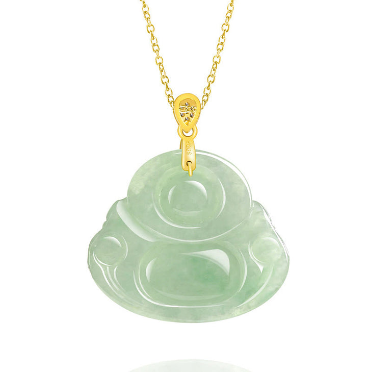 Buddha Stones Natural Jade Laughing Buddha Luck Prosperity Titanium Steel Chain Necklace Pendant - image 4