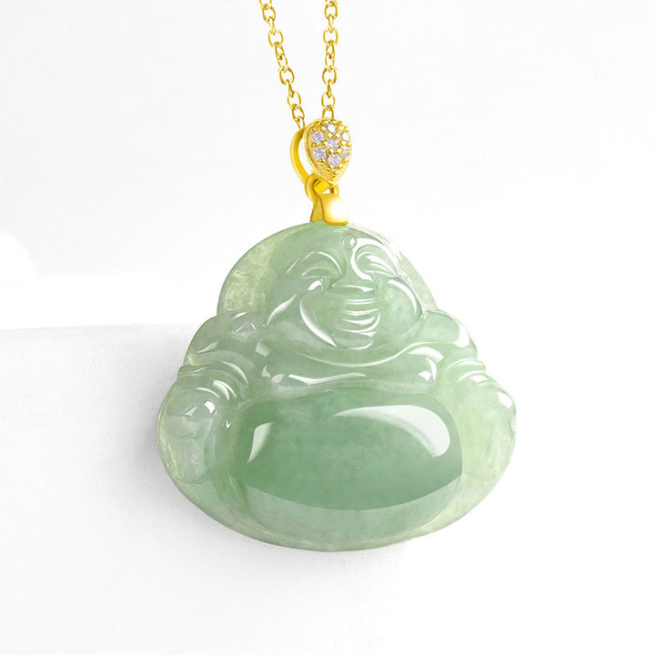Buddha Stones 925 Sterling Silver Natural Jade Laughing Buddha Luck Prosperity Chain Necklace Pendant - image 2