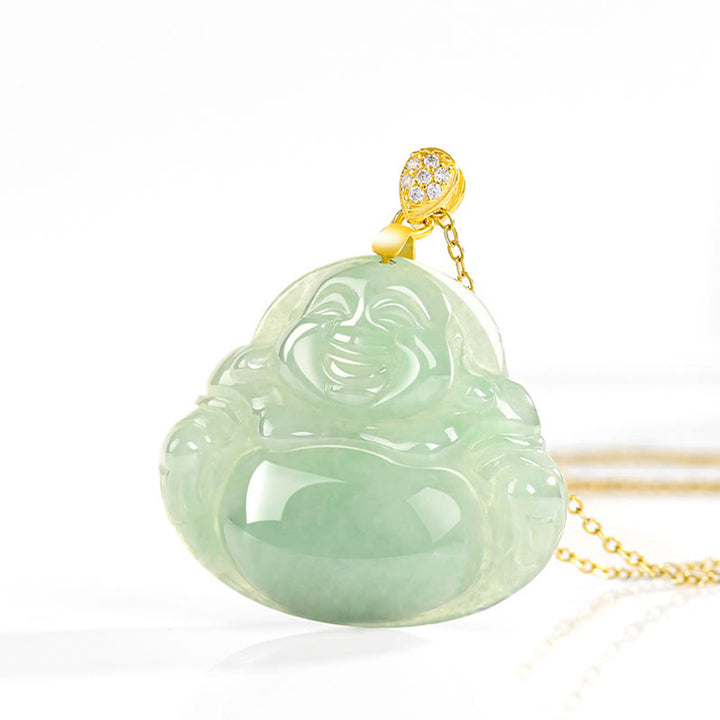 Buddha Stones Natural Jade Laughing Buddha Luck Prosperity Titanium Steel Chain Necklace Pendant - image 3