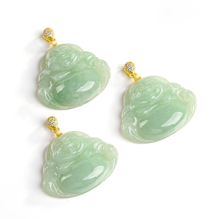 Buddha Stones Natural Jade Laughing Buddha Luck Prosperity Titanium Steel Chain Necklace Pendant - image 9