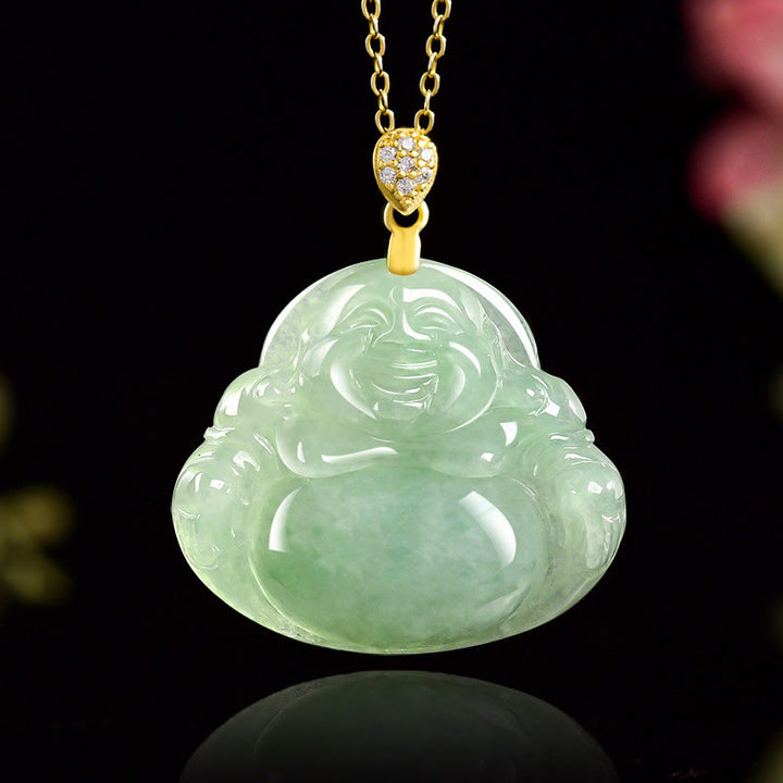 Buddha Stones 925 Sterling Silver Natural Jade Laughing Buddha Luck Prosperity Chain Necklace Pendant - Jade(Prosperity♥Abundance) - image 0