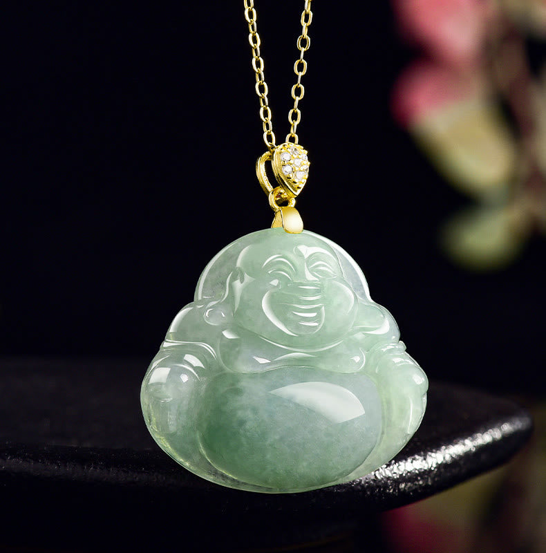 Buddha Stones 925 Sterling Silver Natural Jade Laughing Buddha Luck Prosperity Chain Necklace Pendant - image 1