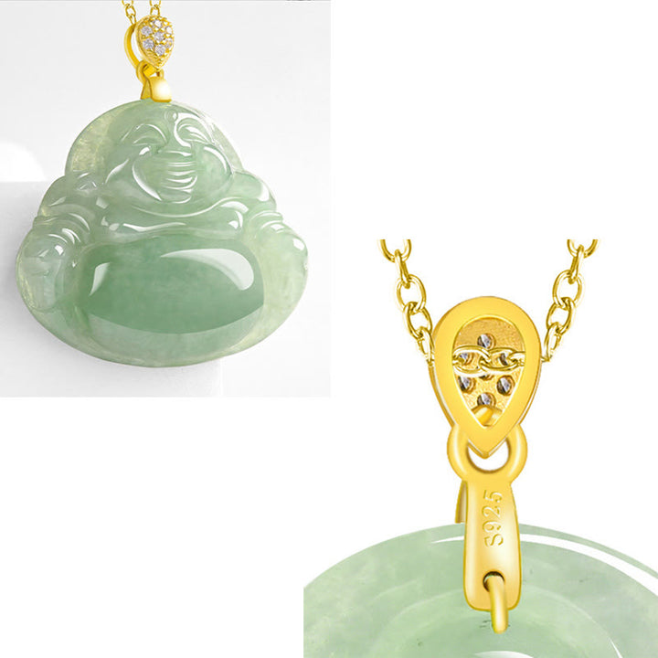 Buddha Stones 925 Sterling Silver Natural Jade Laughing Buddha Luck Prosperity Chain Necklace Pendant - image 9