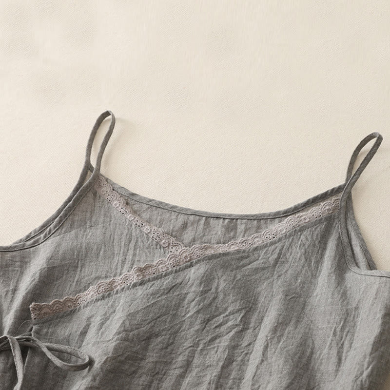 Buddha Stones Vintage Side Lace-up Splicing Lace V-neck Sleeveless Women's Cotton Linen Vest - image 9