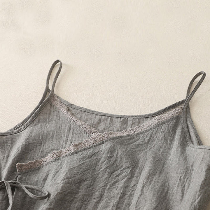 Buddha Stones Vintage Side Lace-up Splicing Lace V-neck Sleeveless Women's Cotton Linen Vest - image 9