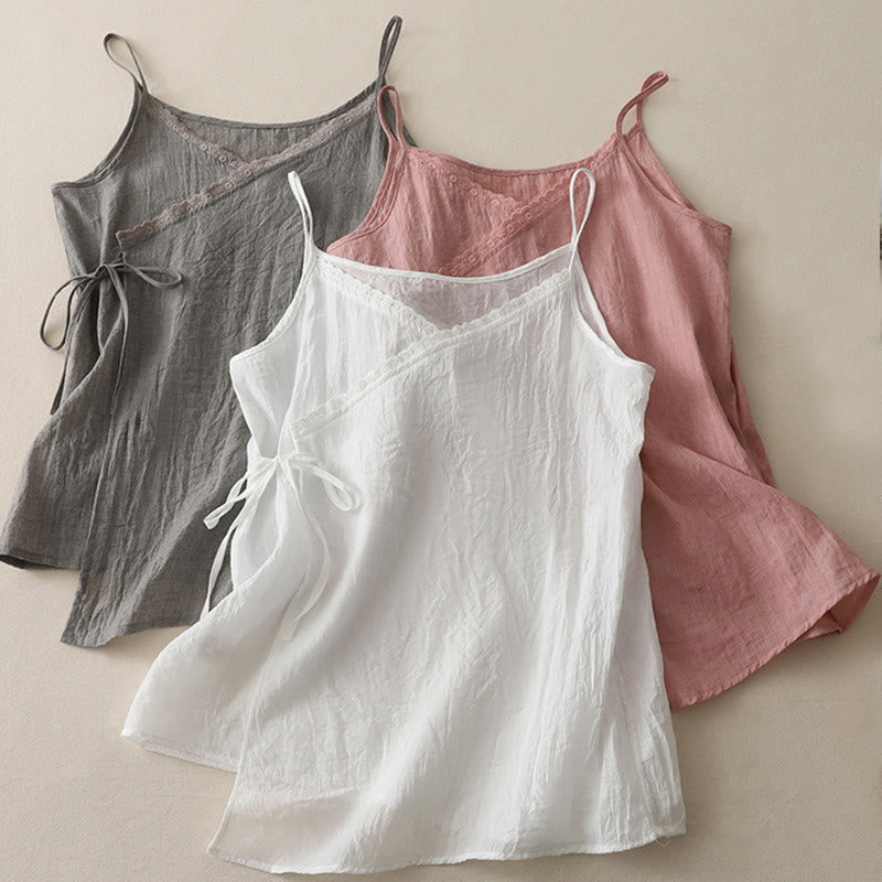 Buddha Stones Vintage Side Lace-up Splicing Lace V-neck Sleeveless Women's Cotton Linen Vest - image 12