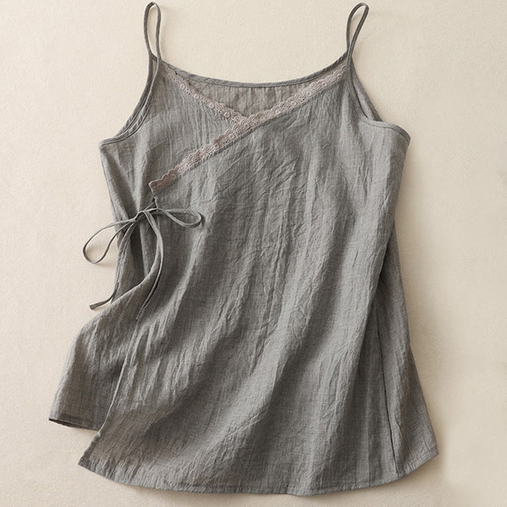 Buddha Stones Vintage Side Lace-up Splicing Lace V-neck Sleeveless Women's  Vest - DarkSeaGreen - US12，UK/AU16，EU44 (2XL) - image 8