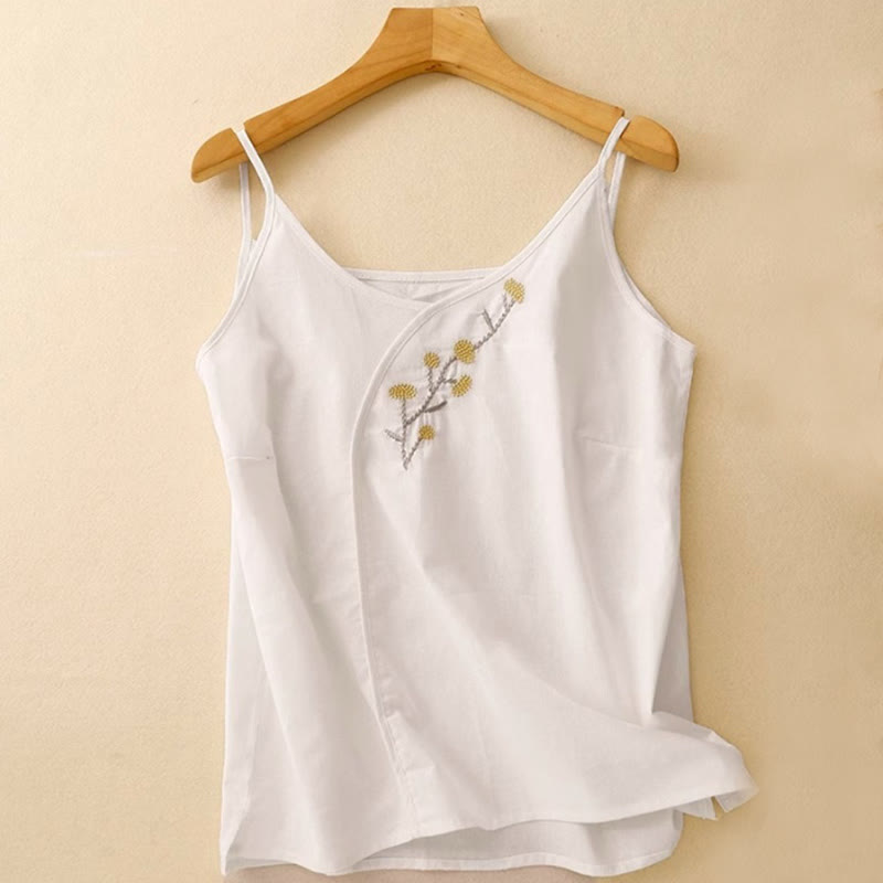 Buddha Stones Ethnic Embroidery Asymmetrical Design Women's Cotton Linen Sleeveless Vest - White - US14，UK/AU18，EU46 (4XL) - image 7