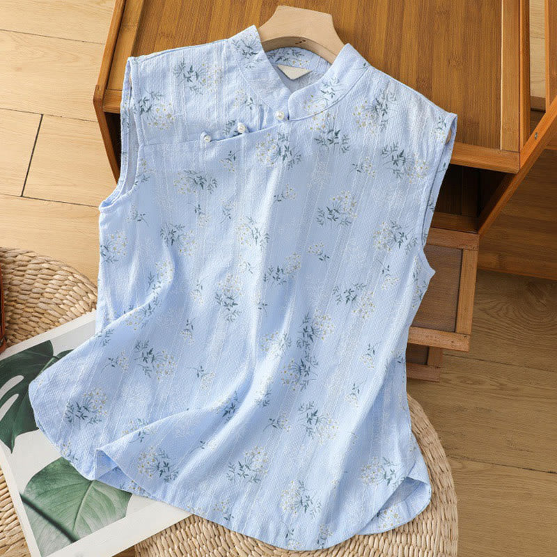 Buddha Stones Retro Printing Floral Plant Pattern Chinese Frog-Button Design Women's Cotton Sleeveless Vest - CornflowerBlue - US8-10，UK/AU12-14，EU40-42 (2XL) - image 23
