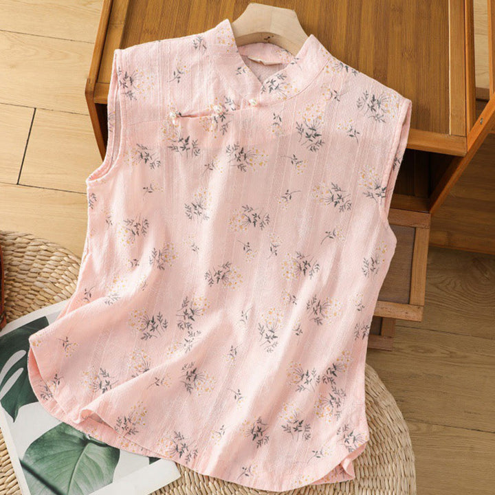 Buddha Stones Retro Printing Floral Plant Pattern Chinese Frog-Button Design Women's Cotton Sleeveless Vest - Pink - US8-10，UK/AU12-14，EU40-42 (2XL) - image 10
