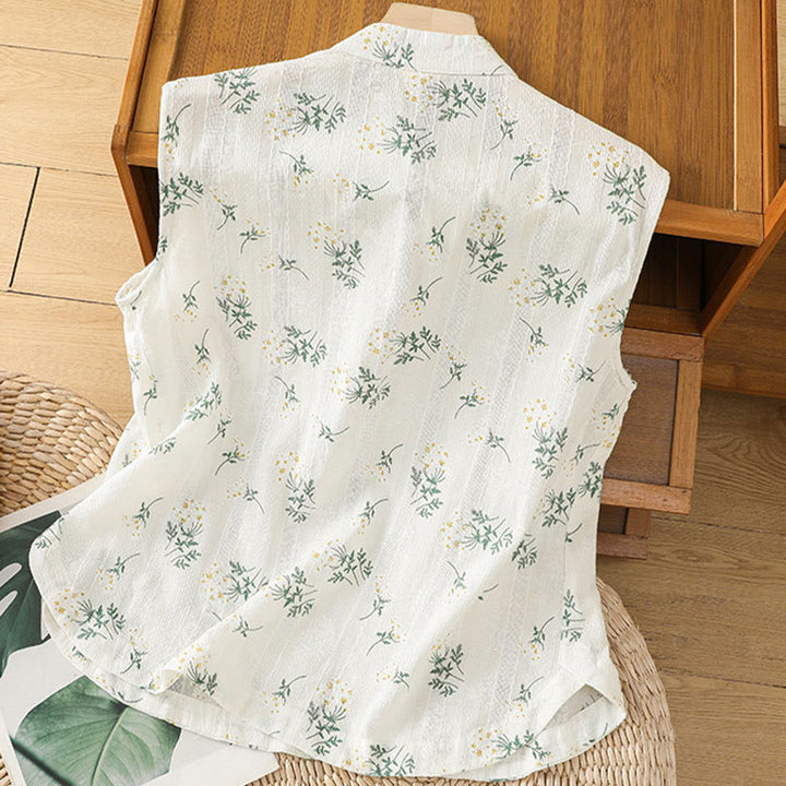 Buddha Stones Retro Printing Floral Plant Pattern Chinese Frog-Button Design Women's Cotton Sleeveless Vest - image 1