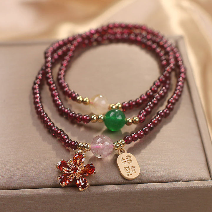 Buddha Stones Natural 3mm Ultra-thin Garnet Beads Cherry Blossom Flower Attract Fortune Protection Multilayer Bracelet - image 2