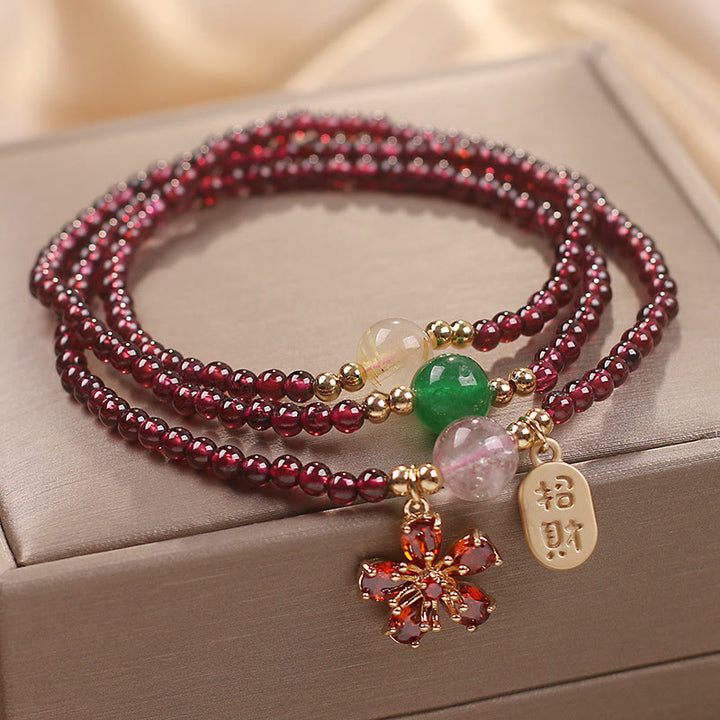 Buddha Stones Natural 3mm Ultra-thin Garnet Beads Cherry Blossom Flower Attract Fortune Protection Multilayer Bracelet - 3mm Garnet(Wrist Circumference 14-15cm) - image 0