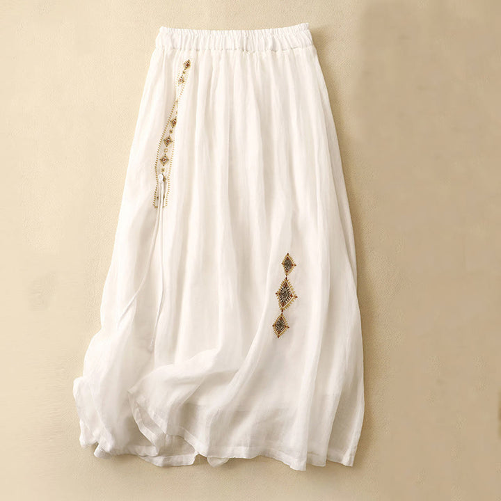 Buddha Stones Ethnic Vintage Embroidery Button Design Women's Cotton Linen 7-8 Length Skirt - White - US8-10，UK/AU12-14，EU40-42 (2XL) - image 5