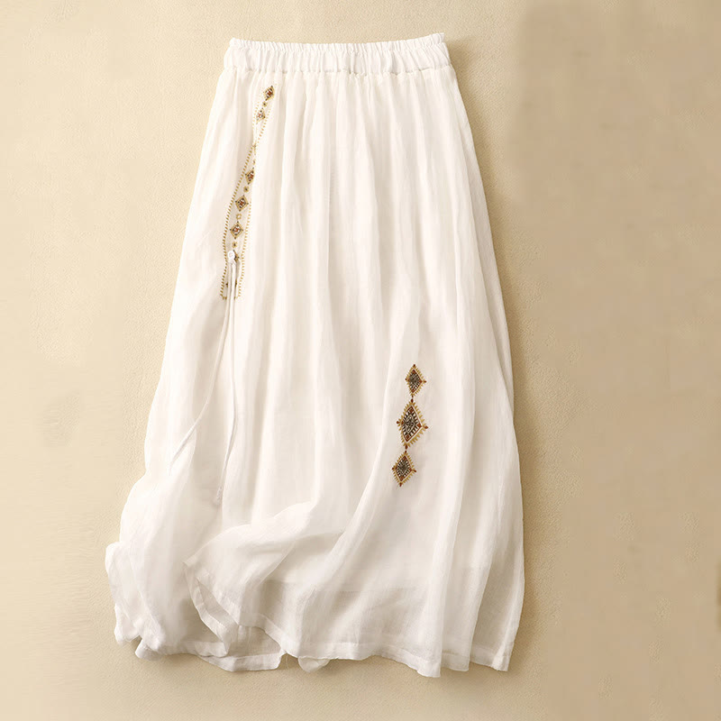 Buddha Stones Ethnic Vintage Embroidery Button Design Women's 7-8 Length Skirt - White - US8-10，UK/AU12-14，EU40-42 (2XL) - image 4
