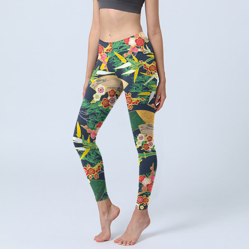 Buddha Stones Red Flowers Yellow-green Bamboo Pine Trees Print Gym Leggings Women's Yoga Pants - MediumSeaGreen - US18，UK/AU22，EU50 (4XL) - image 0