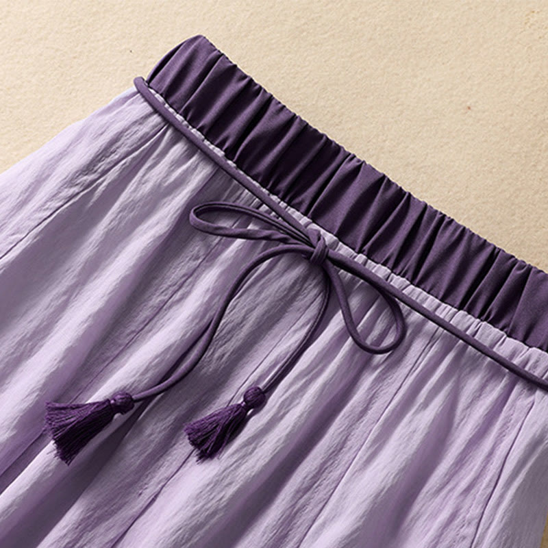 Buddha Stones Casual Contrasting Color Pleated Lace-Up Design Women's 7-8 Length Skirt - image 18