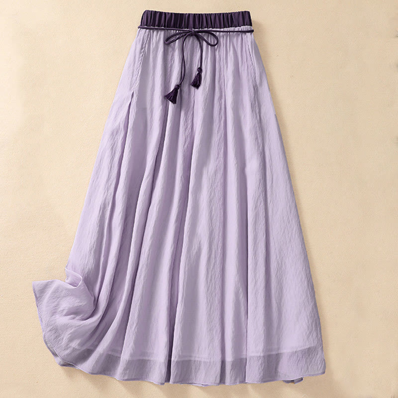 Buddha Stones Casual Contrasting Color Pleated Lace-Up Design Women's 7-8 Length Skirt - Plum - US8-10，UK/AU12-14，EU40-42 (2XL) - image 16