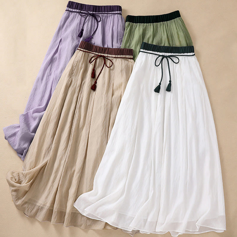 Buddha Stones Casual Contrasting Color Pleated Lace-Up Design Women's 7-8 Length Skirt - image 34