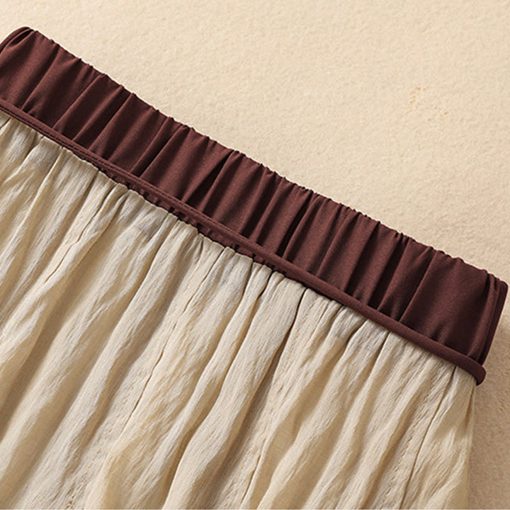 Buddha Stones Casual Contrasting Color Pleated Lace-Up Design Women's Cotton Linen 7-8 Length Skirt - image 4