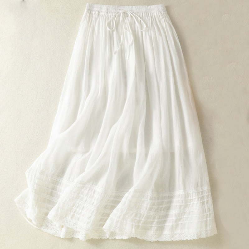 Buddha Stones Summer Plain Drawstring Lace Patchwork Design Women's Cotton Linen 7-8 Length Skirt - White - US8-10，UK/AU12-14，EU40-42 (2XL) - image 10