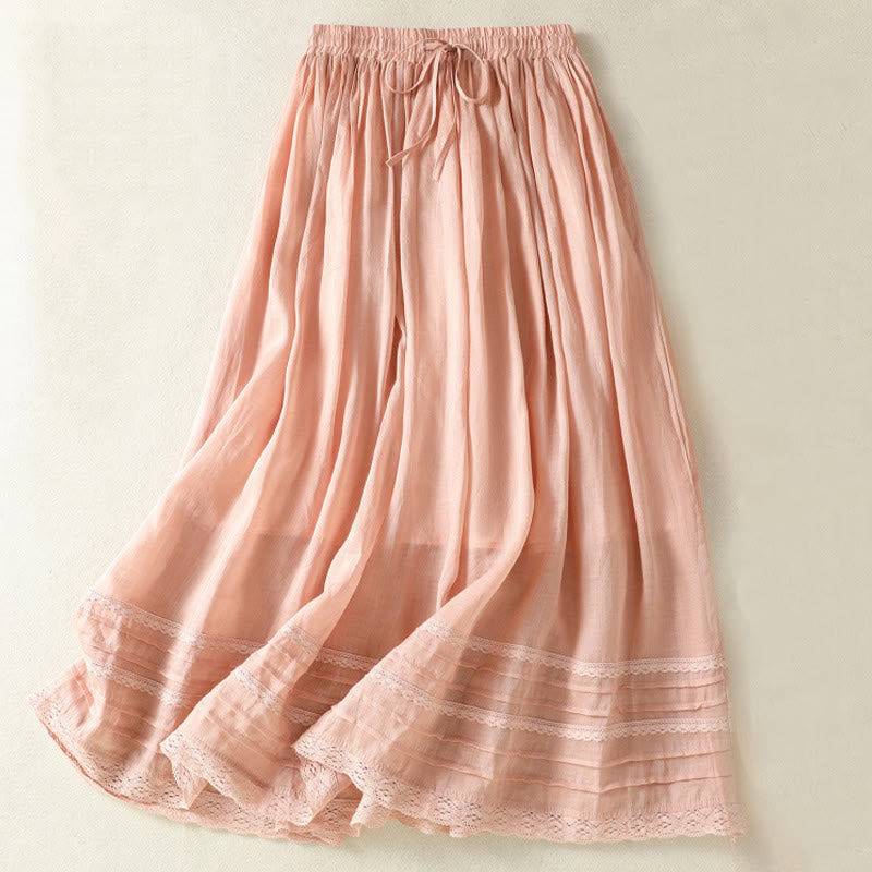 Buddha Stones Summer Plain Drawstring Lace Patchwork Design Women's Cotton Linen 7-8 Length Skirt - LightSalmon - US8-10，UK/AU12-14，EU40-42 (2XL) - image 0