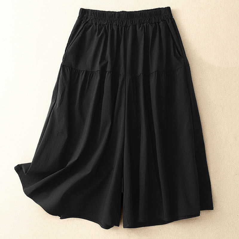 Buddha Stones Casual Loose Plain Women's Cotton Elastic 7-8 Length Wide Leg Pants With Pockets - Black - US8-10，UK/AU12-14，EU40-42 (2XL) - image 10