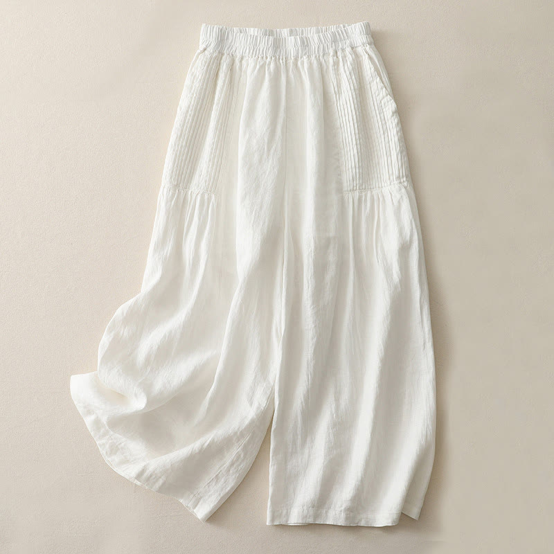 Buddha Stones Casual Plain Tucker Pleats Elastic Women's Polyester Wide Leg Pants With Pockets - White - US8-10，UK/AU12-14，EU40-42 (2XL) - image 4