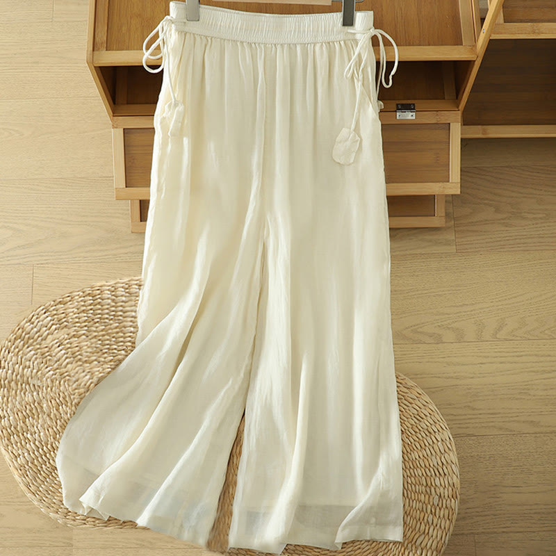 Buddha Stones Casual Plain Lined Ribbon Elastic Women's Polyester Wide Leg Pants With Pockets - Beige - US8-10，UK/AU12-14，EU40-42 (2XL) - image 0