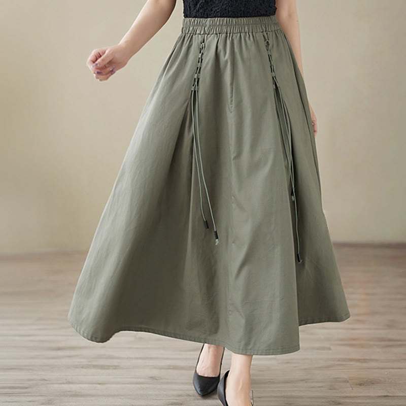 Buddha Stones Summer Casual Pure Color Pleated Design Women's Cotton Skirt - DarkOliveGreen - US12，UK/AU16，EU44 (2XL) - image 0