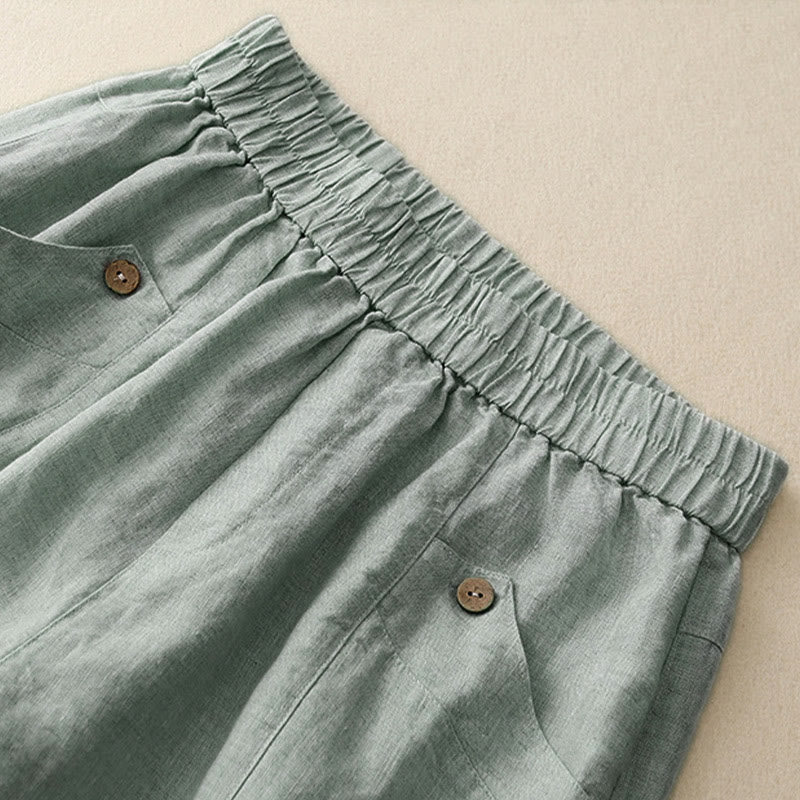 Buddha Stones Summer Casual Buttons Plain Cotton Women's Shorts With Pockets - image 3