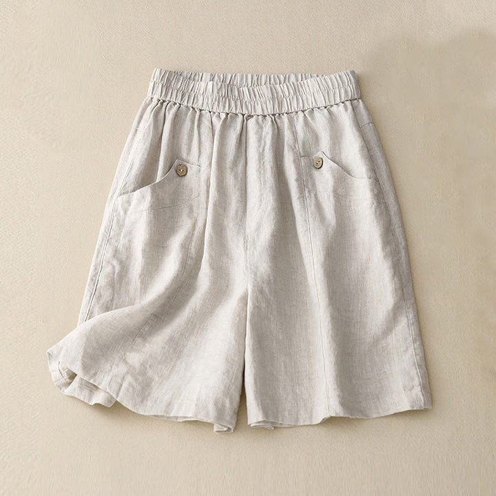 Buddha Stones Summer Casual Buttons Plain Cotton Women's Shorts With Pockets - Beige - US8-10，UK/AU12-14，EU40-42 (2XL) - image 5