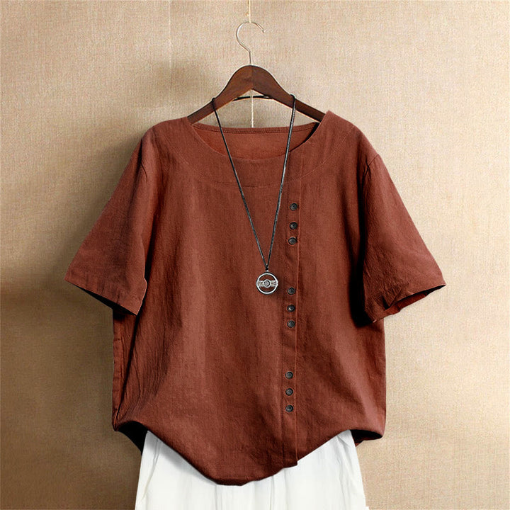 Buddha Stones Casual Summer Pure Color Jacquard Button Crew Neck Cotton Women's Short Sleeve T-Shirt - Sienna - US18，UK/AU22，EU50 (5XL) - image 25